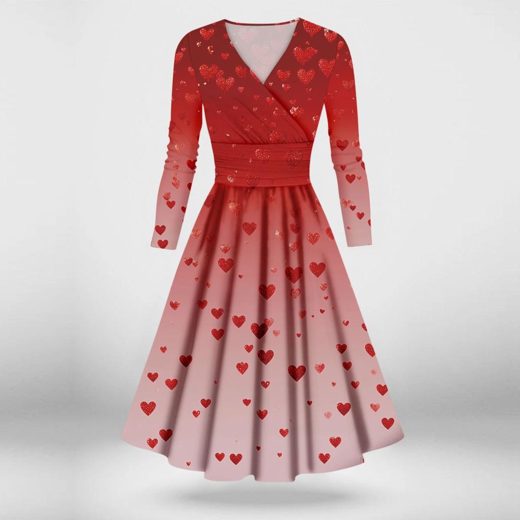 Женская мода повседневные платья на День святого Валентина с принтом, длинным рукавом и V-образным вырезом, сексуальные платья