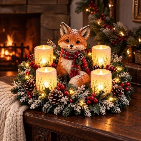 Seasonal Tabletop Decorations Lighted Highland Cow Christmas Table Centerpiece, Resin Flickering LED Flameless Candles, Frosted Winter Home Decor Pine