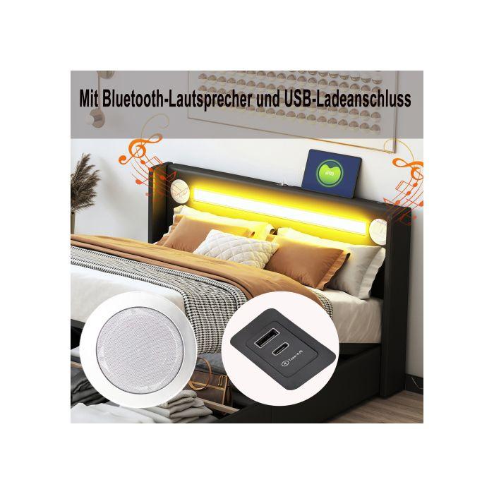 Кровать 140x200 - MUVOE - Кровать с LED - Bluetooth - Хранение - Искусственная кожа