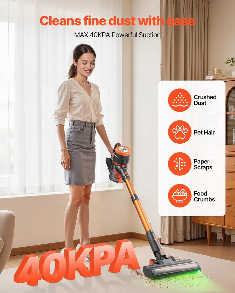 Cordless Vacuum Cleaner, 40KPA Max Suction, Rechargeable Anti-Tangle Stick Vacuum with LED Display Screen, Lightweight Handheld Vac with 47mins