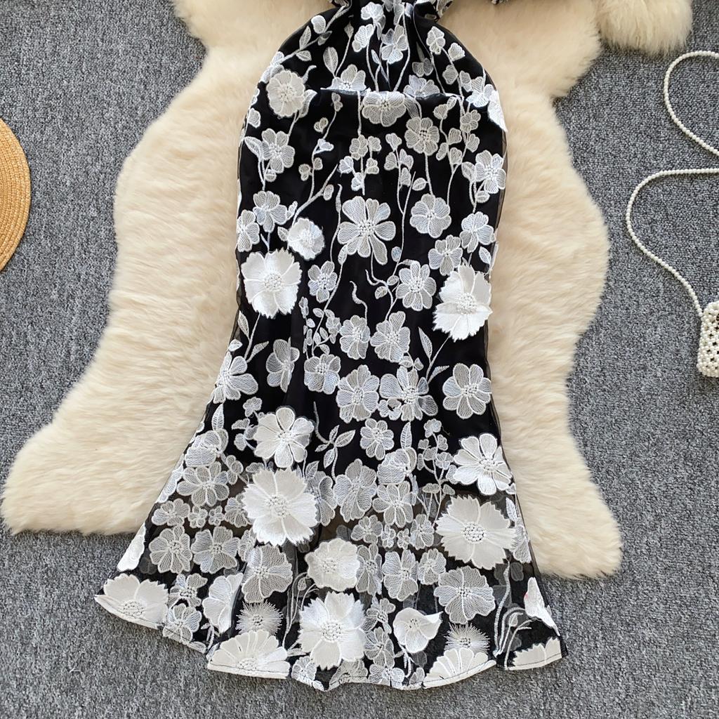 Элегантное цветочное вышитое О-образное платье в стиле винтаж с коротким рукавом и фонариком, шикарное облегающее платье-русалка, французская вечерняя женская одежда для улицы