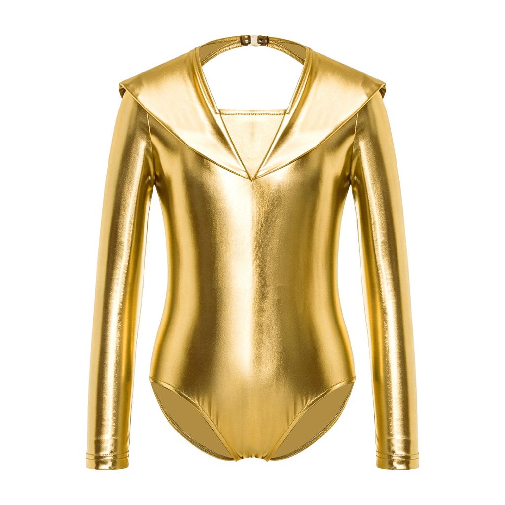 Girls Alien Cosplay Leotard Long Sleeve Cutout Back Metallic Bodysuit Gymnastics Dance Costume