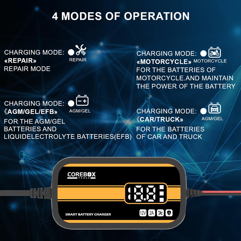 Свинцово-кислотный AGM гелевый зарядник Интеллектуальное зарядное устройство для автомобильных/мотоциклетных аккумуляторов с ЖК-дисплеем для автомобиля/дома на колесах/квадроцикла/лодки 12 В 2 А Автоматический