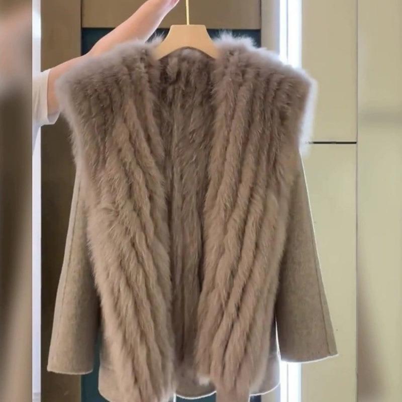 Зимняя утолщенная теплая одежда с хлопковой подкладкой, теплая лисья шерсть, женская верхняя одежда, женская, с обеих сторон, шерстяное пальто с капюшоном