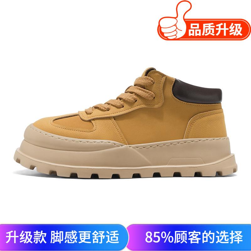 Мужская обувь 2024 осень и зима новая нишевая черная рабочая обувь на платформе мужская водонепроницаемая и нескользящая на толстой подошве средней высоты повседневная модная обувь