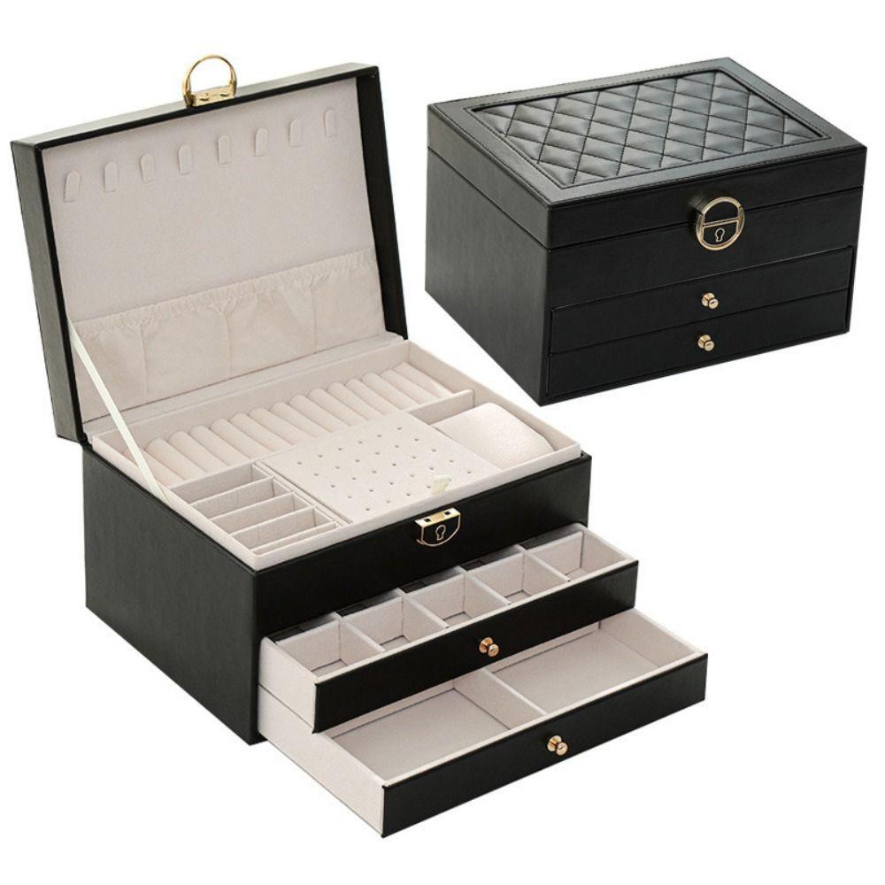 Lockable Storage Box Leather Jewelry Packaging Box Multi-function Double Layer Jewelry Box  Travel