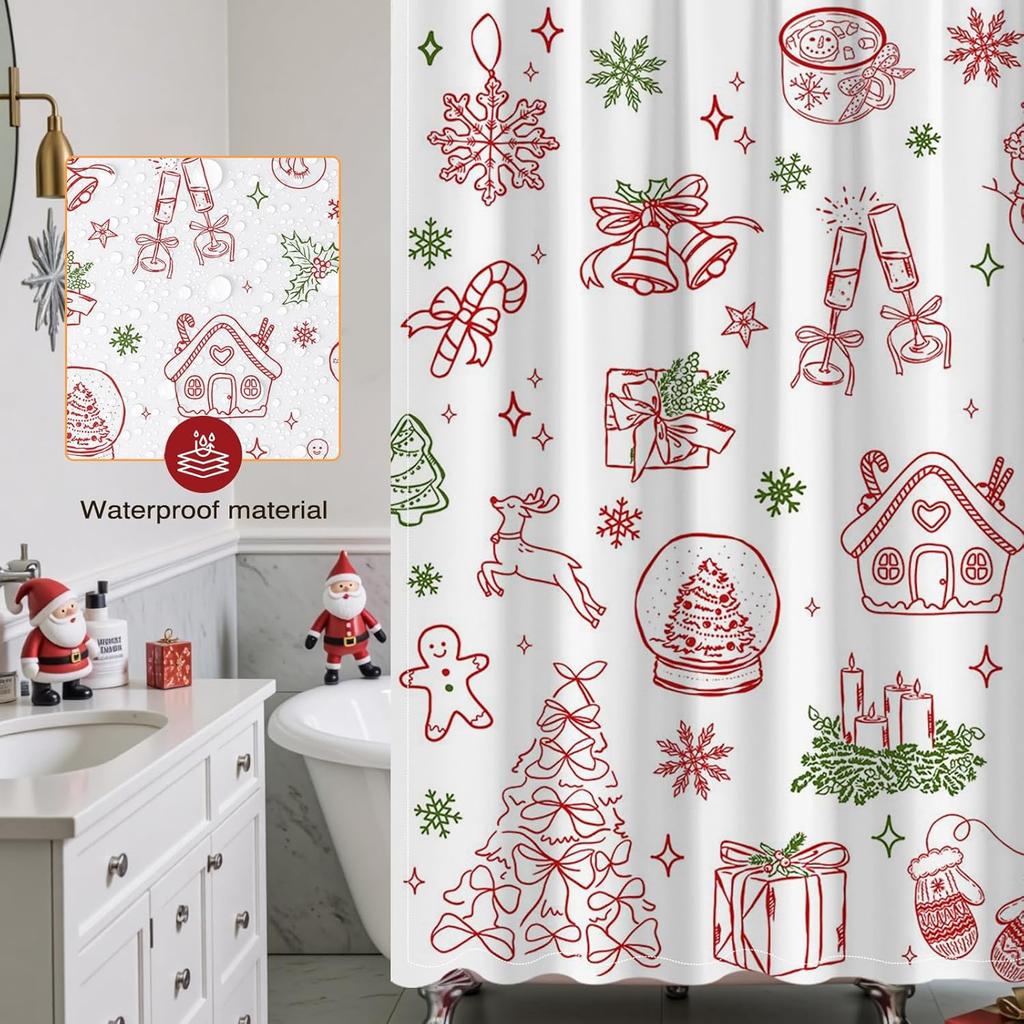 GAEChristmas Shower Curtain for Kids Cute Xmas Tree Candy Ball Snowman Gingerbread Man Shower Curtain for Christmas Bathroom D
