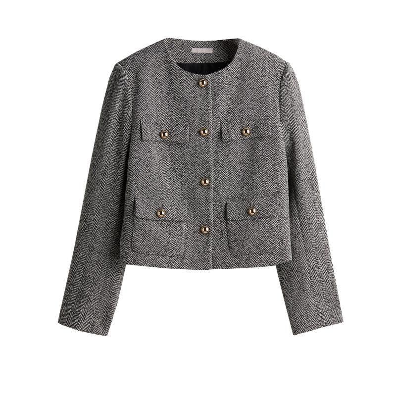 Winter New Women's Clothing French Classic Style Round Neck Long Sleeves Single-Breasted Texture Woven Outwear 1241437