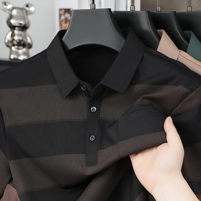 Middle Aged Men Short Sleeve Striped Polo Shirt Summer Casual Top