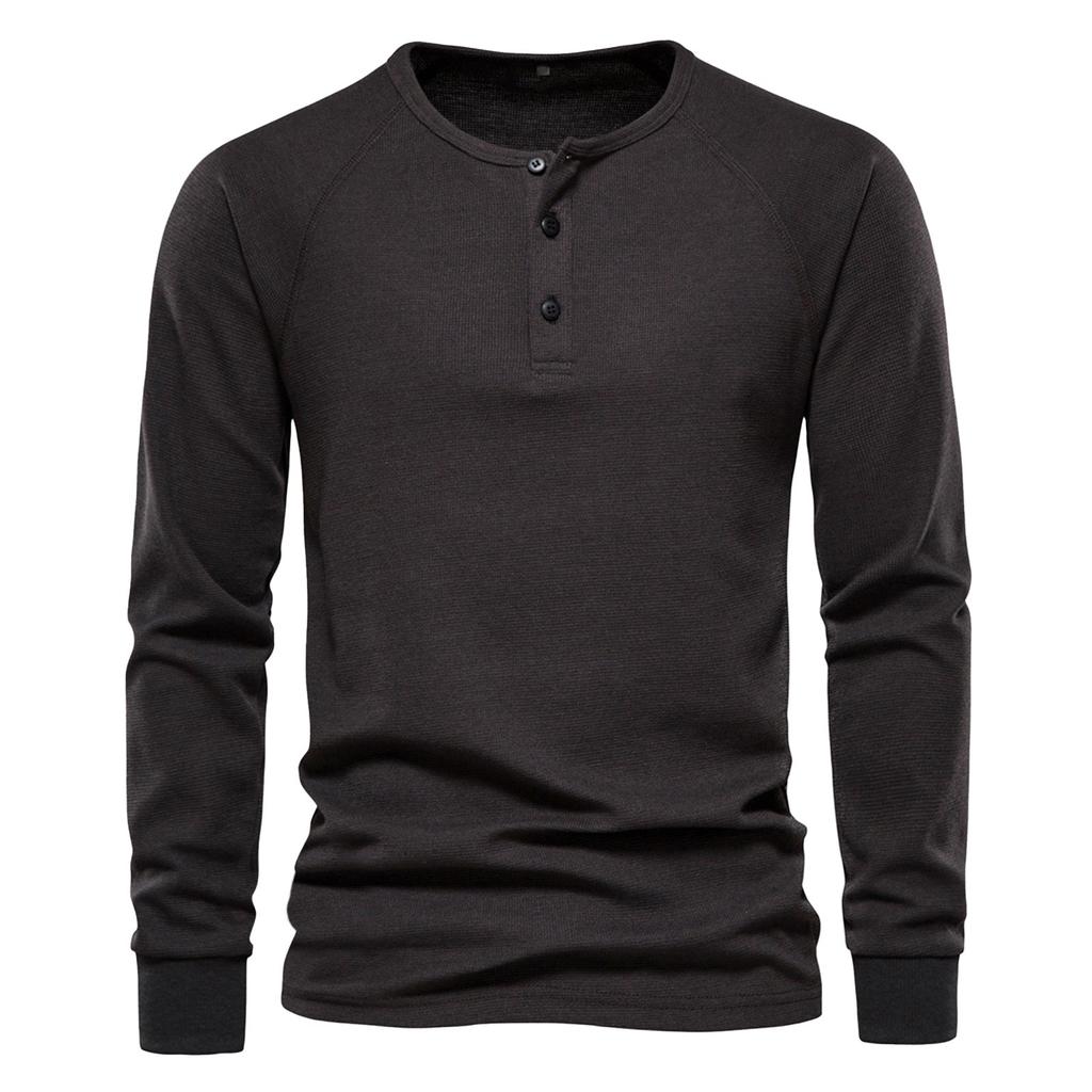 Men's Round Neck Button Long Sleeve Shirt Men's Casual Fashion Solid Color Shirt
