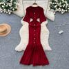 Summer Women Elegant V-neck Single Breasted Knitted Sheath Sweater Long Maxi Fishtail Dresses