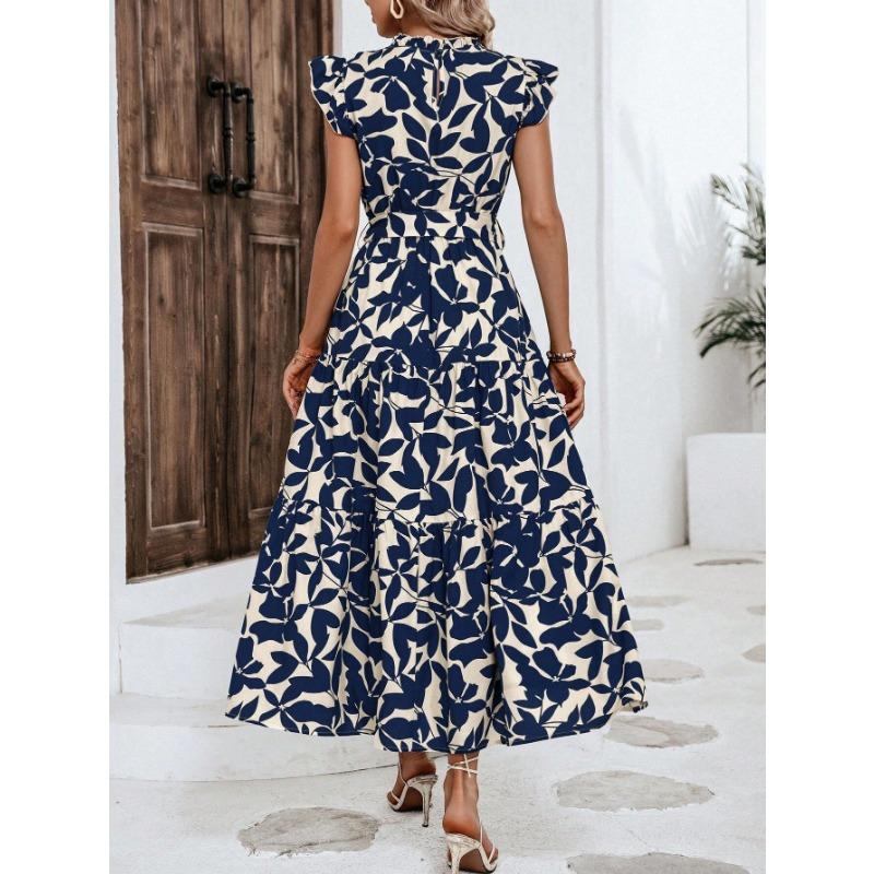 VEZFAA Женская мода лето весна цветочный узор принт короткий рукав полуводолазка высокая талия повседневные платья