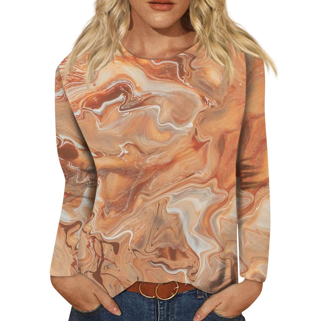 Women's Fashion Casual Long Sleeve Print Round Neck Pullover Top Blouse