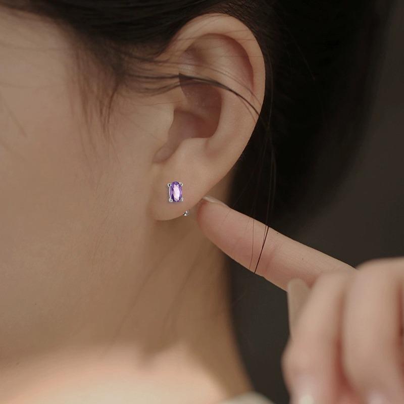 Серьги-гвоздики с четырьмя когтями из фиолетового циркония, бусины с винтами, темперамент, маленькая индивидуальность, милые фиолетовые бриллиантовые овальные серьги с винтами