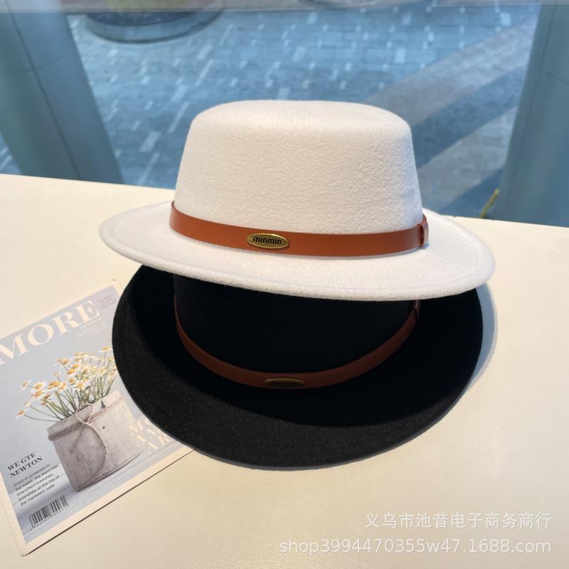 White French British autumn and winter alphabet woolen top hat female elegant foreign style flat top flat brim felt hat female casual versatile