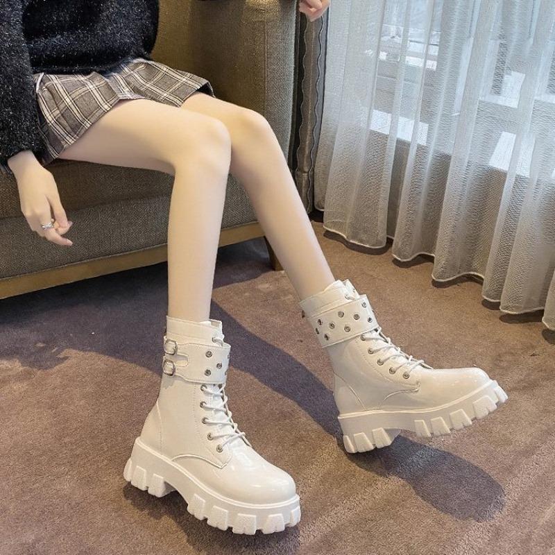 Модные женские ботинки на платформе из лакированной кожи на молнии до середины икры, ботинки рыцаря для короткой ноги, женские водонепроницаемые ботинки с круглым носком на толстой подошве, Botas Mujer