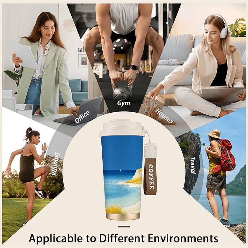 532ml Coffee Mug Blue Sea Yellow Cliff Coast Motif Outdoor Travel Thermos Commuter Coffee Cup Flip Sip Coffee Mug Strap Coffee Cup