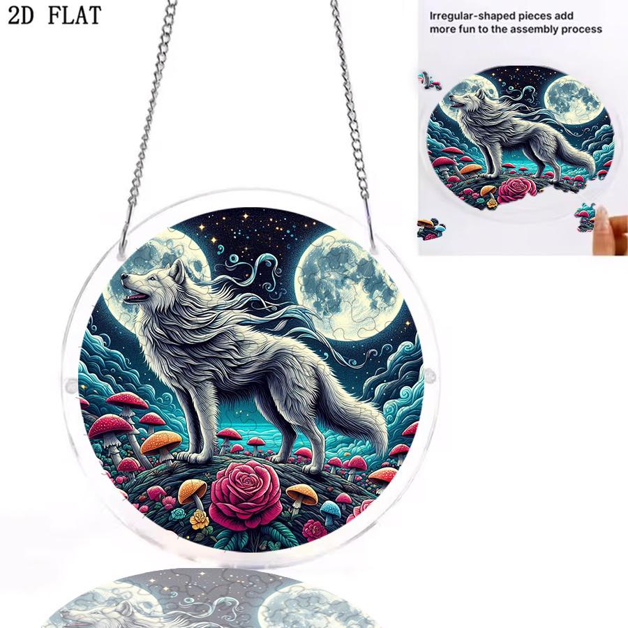 2D Flat - 1pc, 2D Flat Moonlight White Wolf Theme Design, 2D Flat Acrylic Sunlight Catcher Window Hanging Decoration, Suitable As Birthday Gifts for W