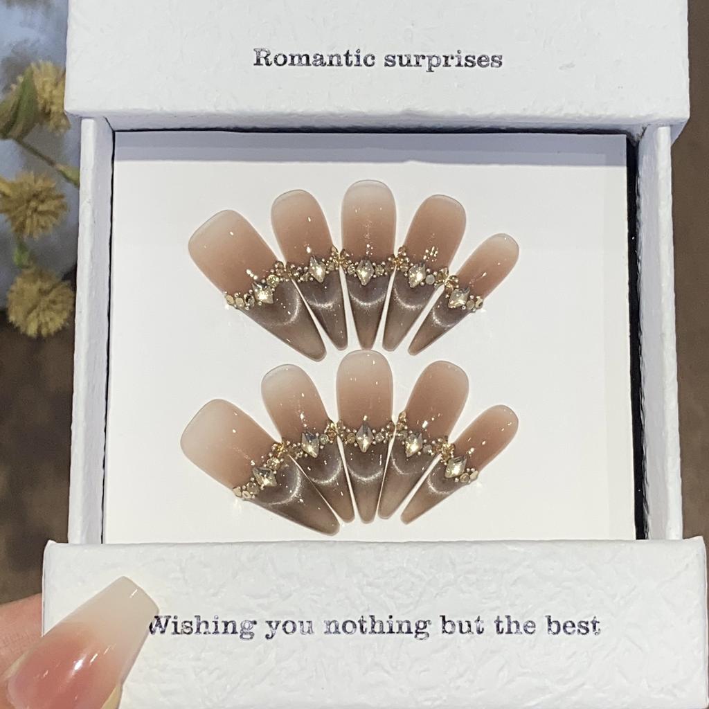 Premium Maillard Blush French Cat Eye Champagne Crushed Diamond Cold Coffee Mocha Patch Wear Armor