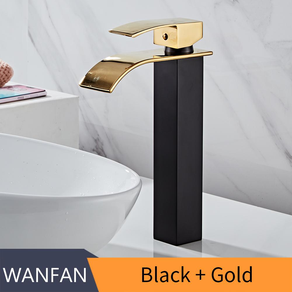 Bathroom Waterfall Basin Sink Faucet Gold Faucets Brass Bath Faucet Hot&Cold Water Mixer Vanity Tap Deck Mounted Washbasin Tap
