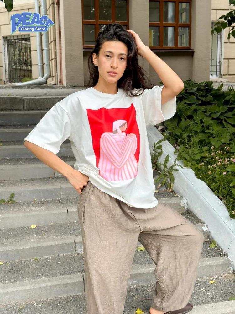 Retro Casual Printed T-shirt Women's Clothing 100% Cotton T-shirt Summer Fashion Short Sleeve Top Harajuku Commute Graphic Tee