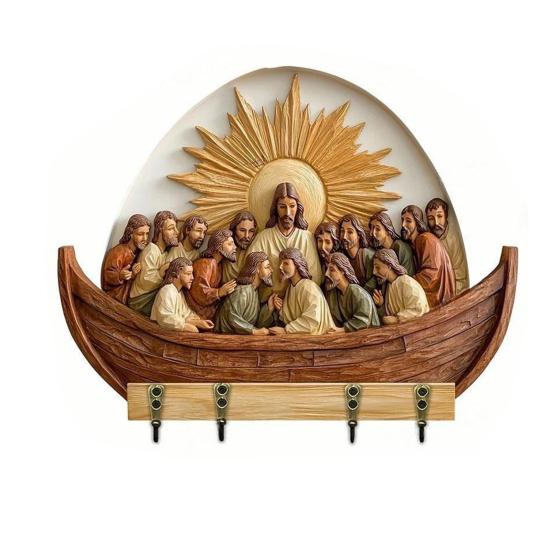 Деревянная христианская ключница 2D плоская Иисус Причастие Арт брелок-подставка с 4 крючками Религиозная настенная ключница для прихожей Домашний декор