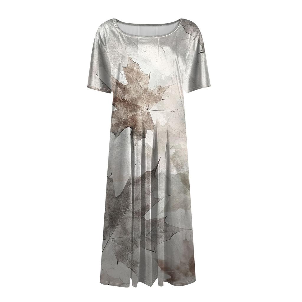 Женское свободное повседневное и модное платье с круглым вырезом и короткими рукавами, средней длины с принтом