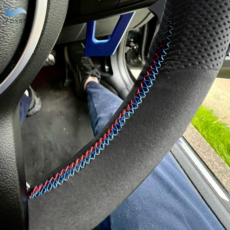 Car Steering Wheel Cover Trim Suede Leather Red Blue Line Blue Bar For BMW E82 E87 E90 2008 2009 2010 2011 X1 E84 2012