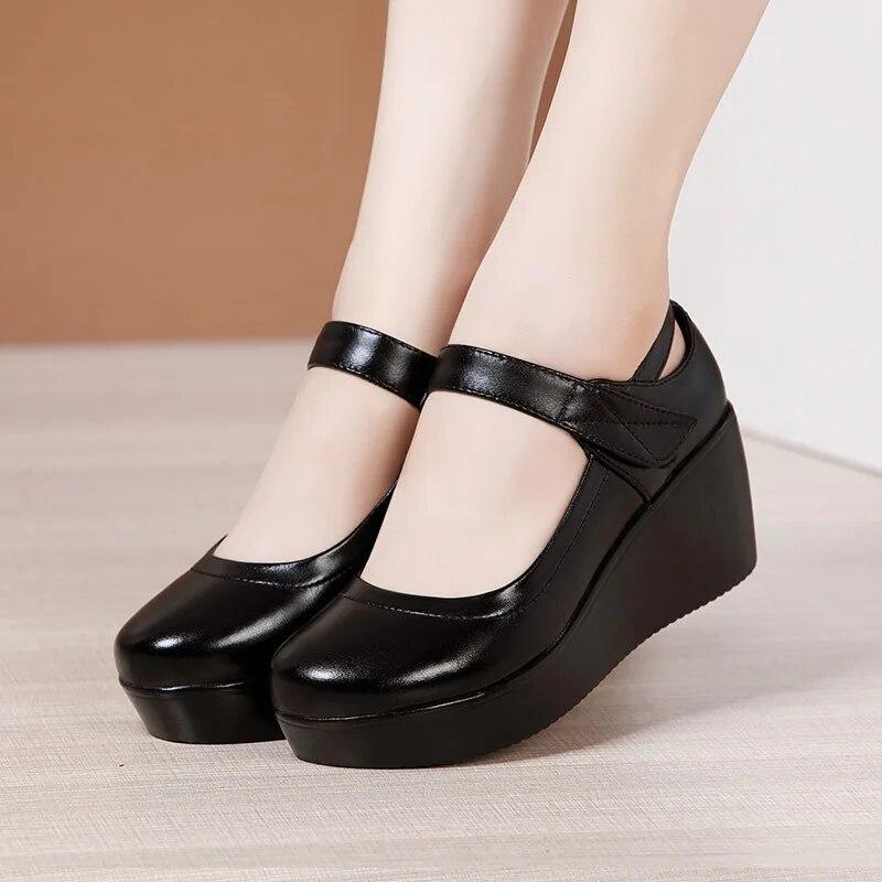 Round Toe Wedge Pumps Women Shoes Mary Jane Shoes Thick Bottom Leather Shoes Platform Pumps Fashion Brand Est Large Size