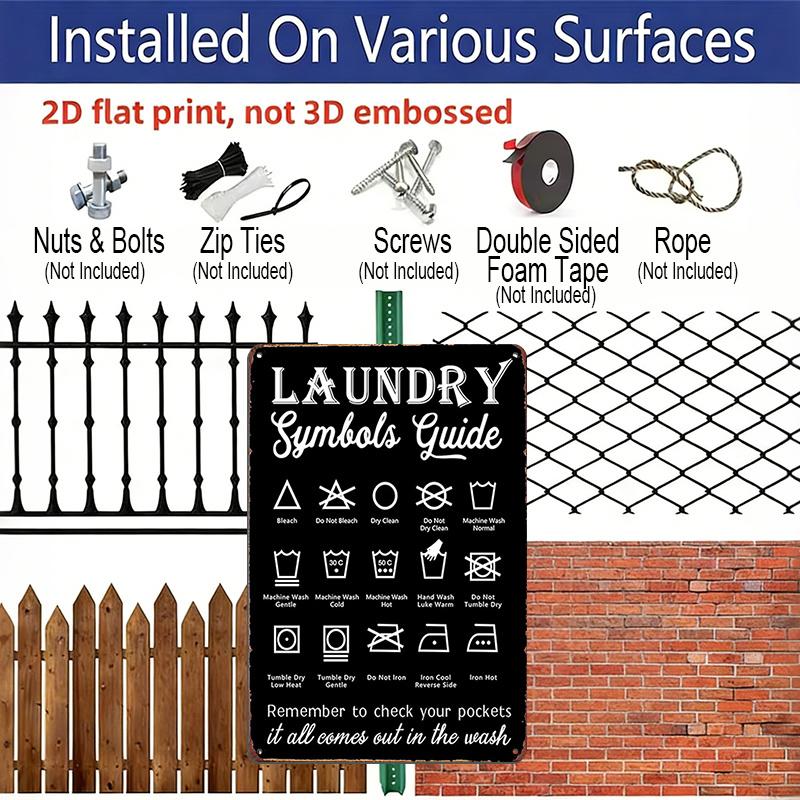 2D Flat Vintage Laundry Symbols Guide Aluminum Metal Sign - 8"x12" Rustic Wall Decor for Bathroom & Laundry Room, Unique Pictorial Cleaning