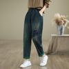 Ретро Джинсовые Брюки-Гаремы Женские Осенние Тонкие Дизайн с Вышивкой и Заплатками Эластичная Талия Брюки Длиной Девять Девятых Повседневные Свободные Брюки-Морковки