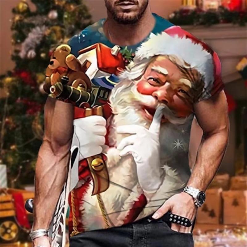 Men's Summer Christmas Print 3dt Shirt O Collar Short Sleeve Santa Claus Holiday Party Casual Loose Plus Size Top Clothing T-Shirts Men’s
