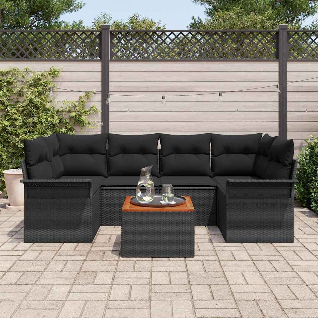 7 piece garden sofa set with cushions black poly rattan