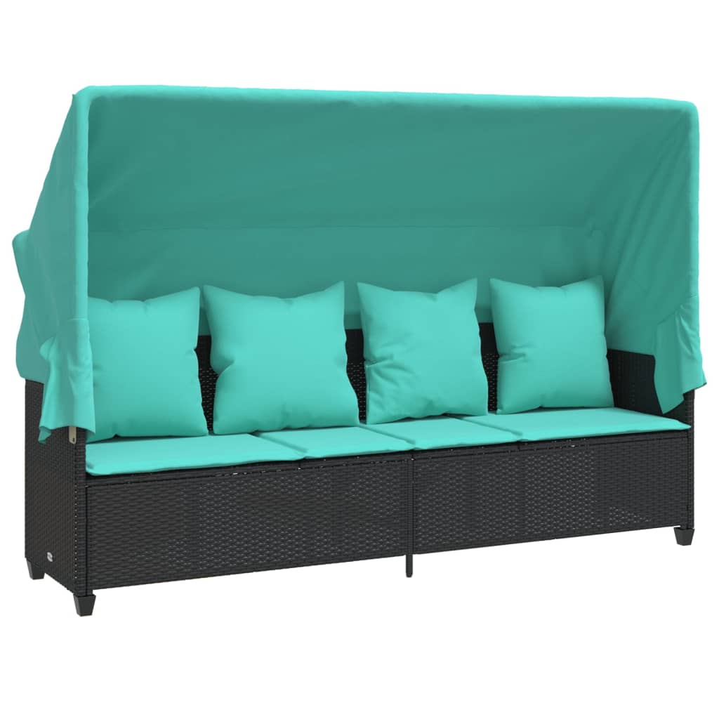 Sun Lounger with Canopy and Cushions Black Poly Rattan