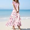 Women's Casual Fashion Print Long Dresses V-Neck Short Sleeve Dresses