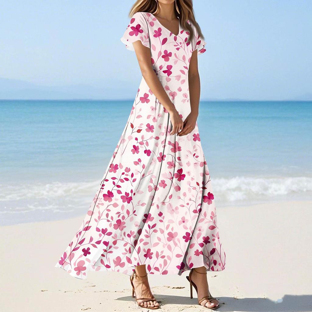 Women's Casual Fashion Print Long Dresses V-Neck Short Sleeve Dresses