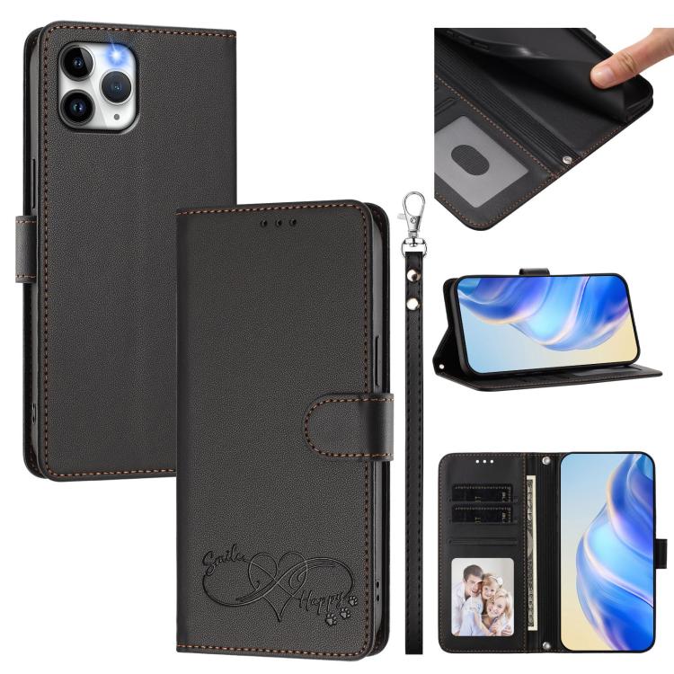 Happy Heart Pattern Magnetic Closure Vegan Leather Phone Case With Wrist Strap For iPhone Shockproof Protective Cover