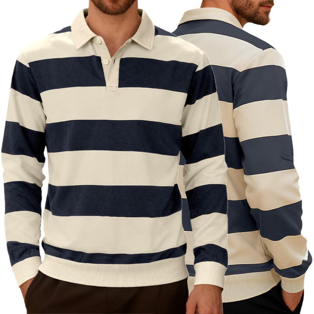 Men Long-sleeved T-shirt 2025 Autumn New Fashion Trend Striped Printing Casual Loose Outdoor Camping Lapel Top Couple POLO Shirt