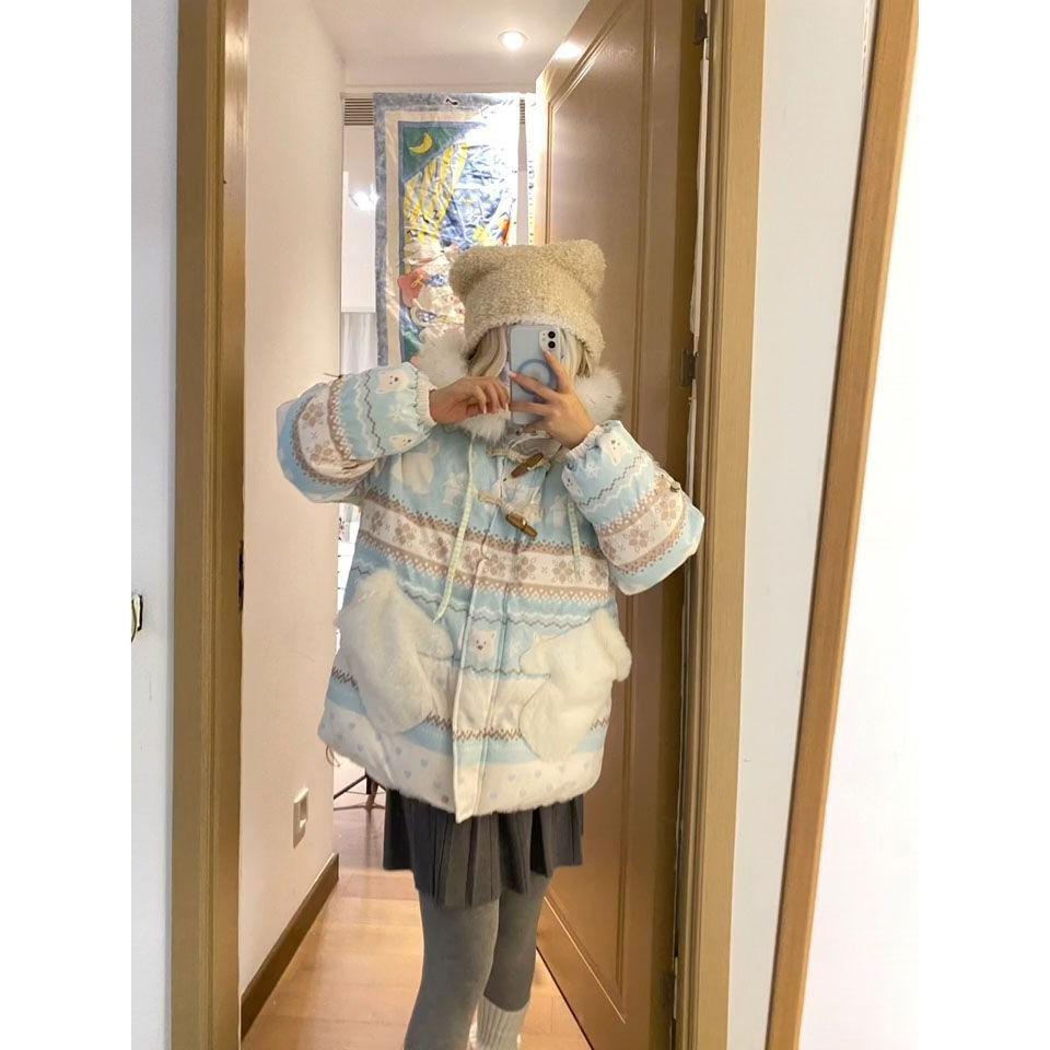 Color printed fur collar hooded horn buckle cotton clothes women's winter new lazy wind age-reducing fashion bread clothes jacket