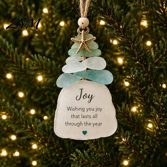 Sea Glass Christmas Decor Tree Ornament, Seaglass Art Hanging with Starfish Charm, Acrylic Ornaments Peace Love Joy Faith Family Friends Hope Pendant
