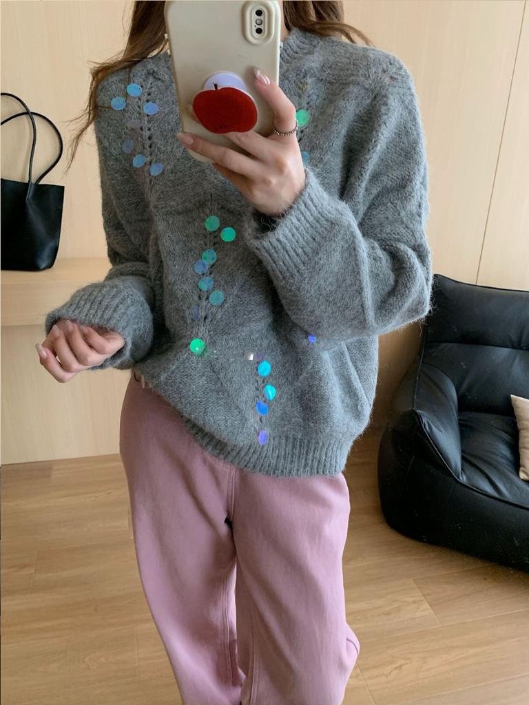 French Vintage Sequin Hollow Out Knit Sweater Women Loose Slouchy Soft Pullover Fall Winter