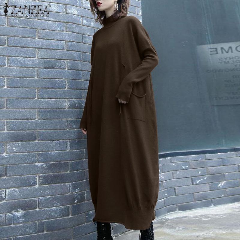 ZANZEA Повседневная свободная туника с высоким воротником и длинным платьем