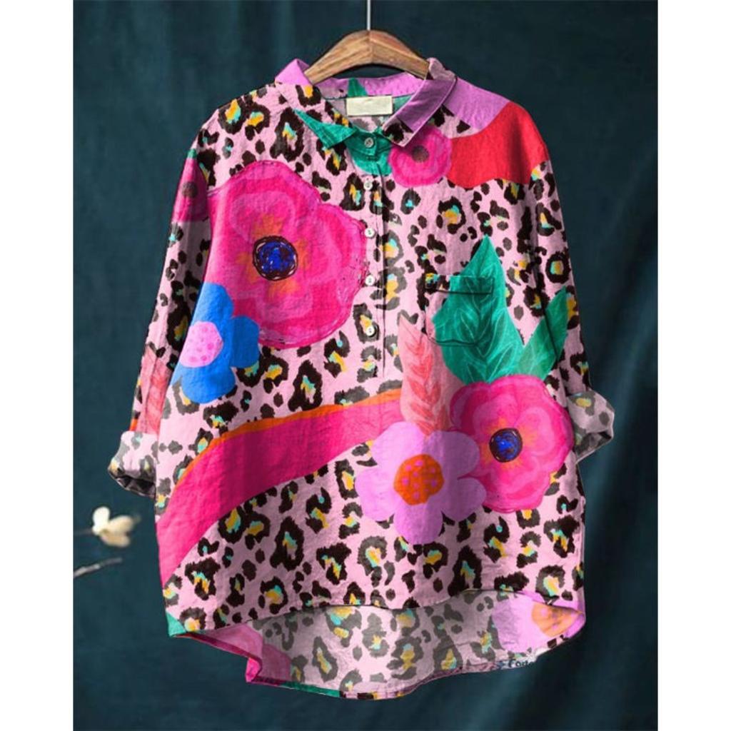 Женская повседневная свободная рубашка на пуговицах с цветочным принтом - Узор 'Косяк рыб'