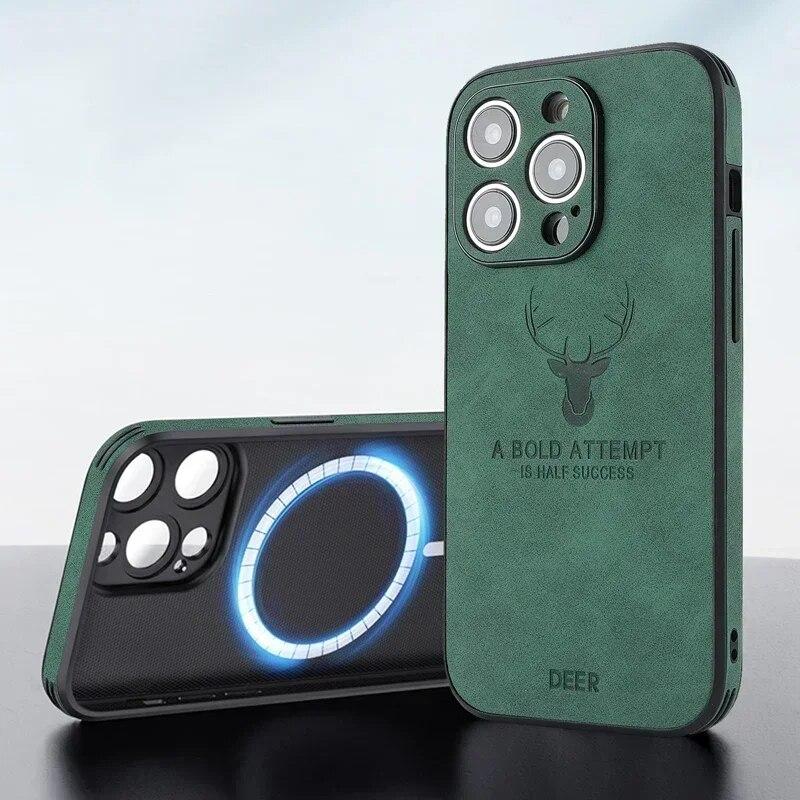 Винтажный кожаный чехол с оленем из овечьей кожи для iPhone 15 14 13 12 11 Pro Max 15Pro 14Pro 13Pro, полное покрытие для Magsafe с беспроводной зарядкой