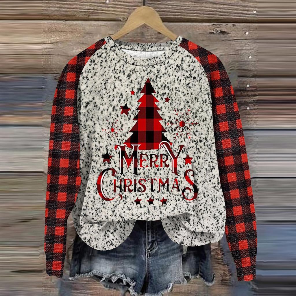 Women's Fashion Round Neck Pullover Plunging Sleeve Tee Christmas Printed Top