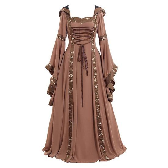 Women Dress Medieval Royal Style Lace-up Hooded Bat Sleeve Maxi Dress Waist-Cinching Square Collar Stage Performance Renaissance Cosplay Costume