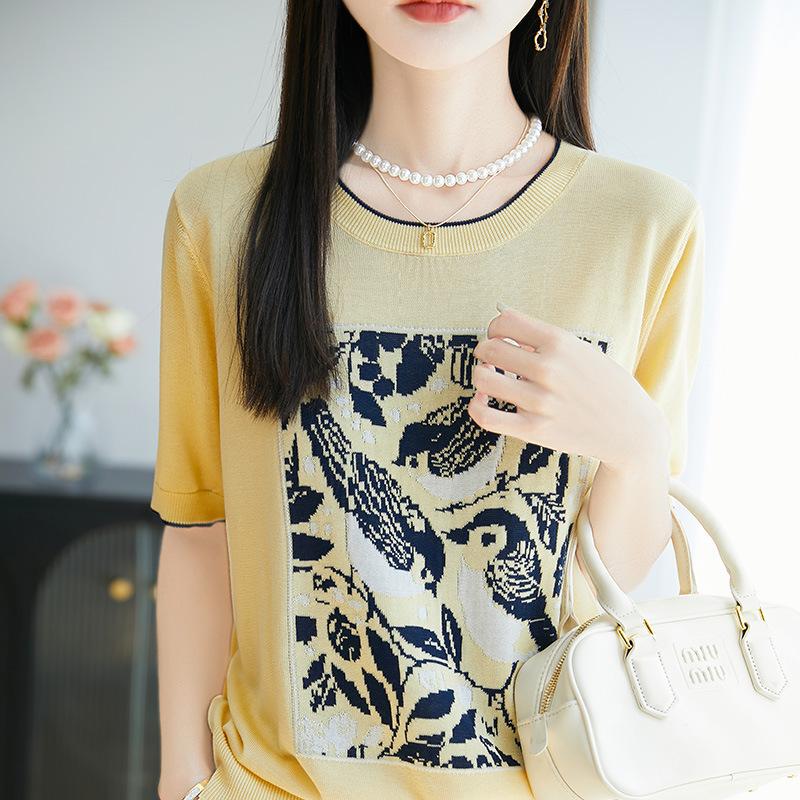 Новый летний топ с принтом сороки, с цветным блочным дизайном, с круглым вырезом и короткими рукавами для женщин, универсальный вязаный свитер