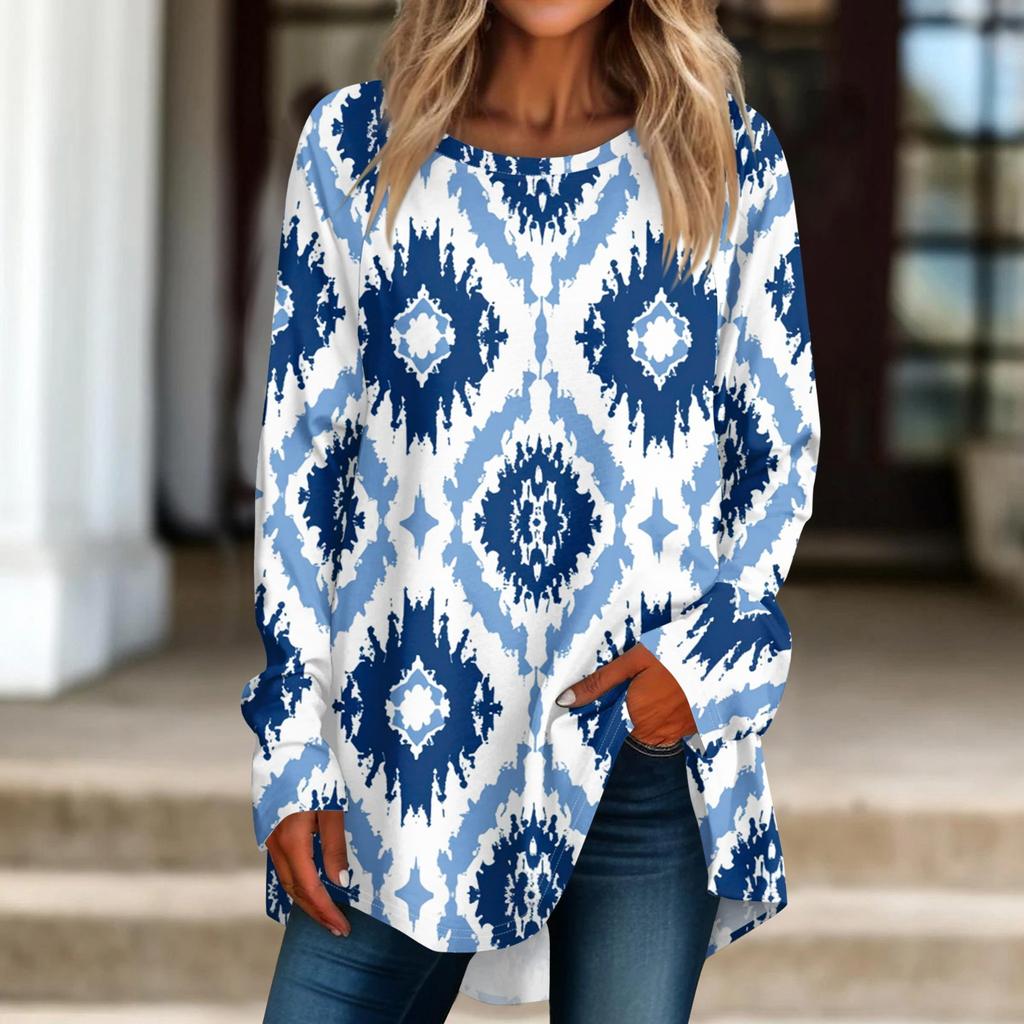 Women's Casual  Plus Size Long Sleeved Round Neck Printed T-shirt Top Pullover