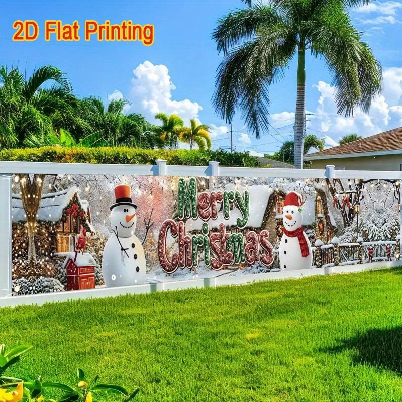 Merry Christmas Fence Banner, Snowman & Snow House Design, Polyester Outdoor Lawn Wall Holiday Decoration