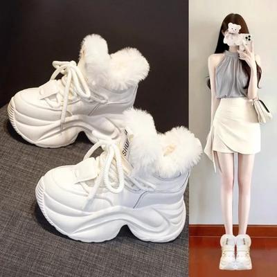 Зимние женские ботинки, теплые, увеличивают высоту, предотвращают скольжение, уличные зимние ботинки, удобные, плюшевые, новые, высокие, на шнуровке, кроссовки